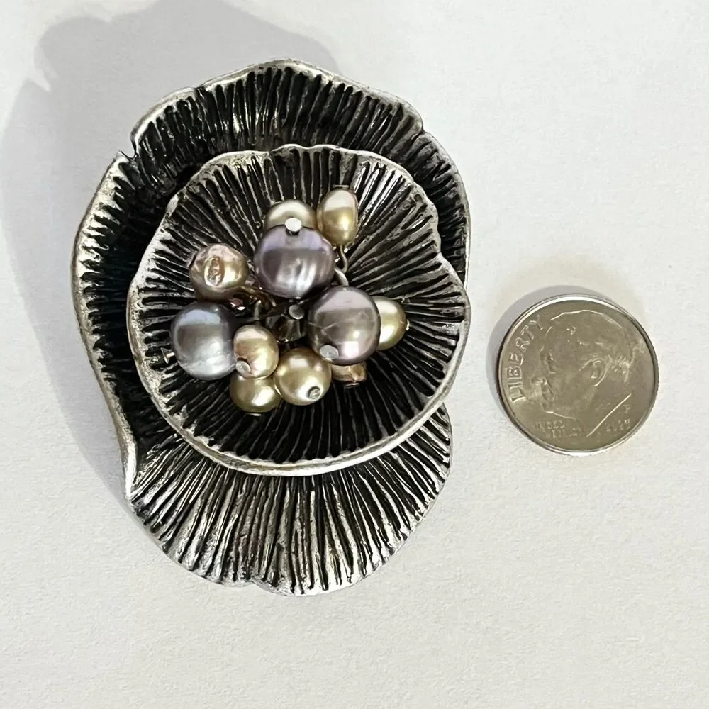 Vintage Flower Brooch Pin Pearl Cluster Antiqued Silver Tone Floral Statement